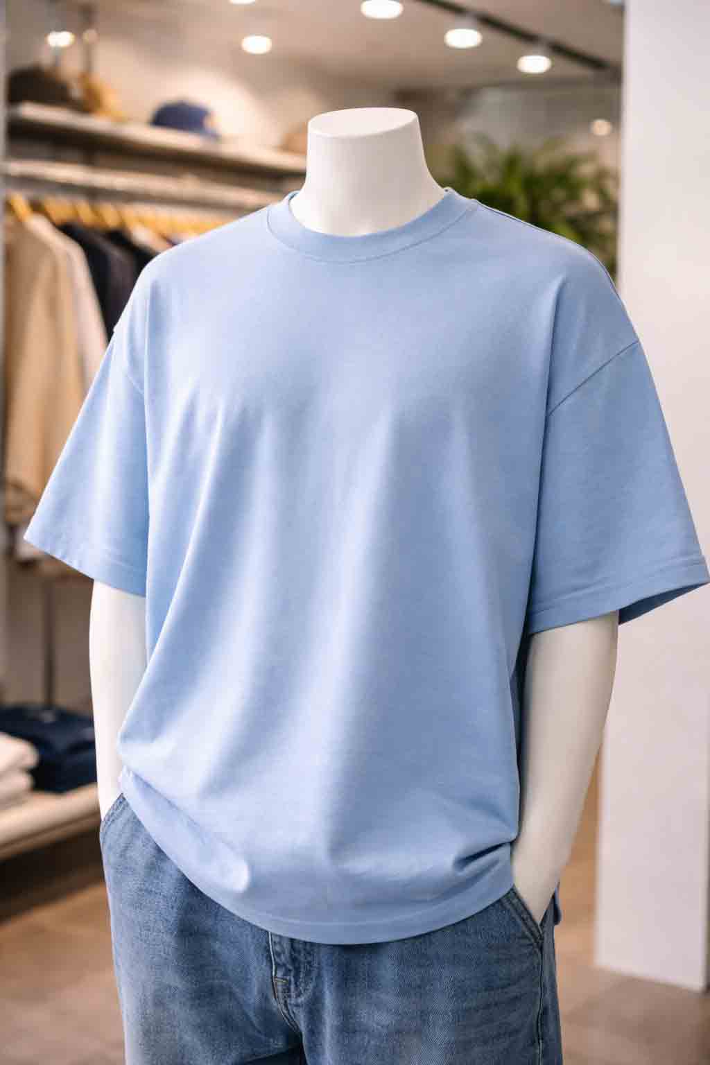 Close-up van oversized T-shirt met dropped shoulders en ruime pasvorm in moderne showroom