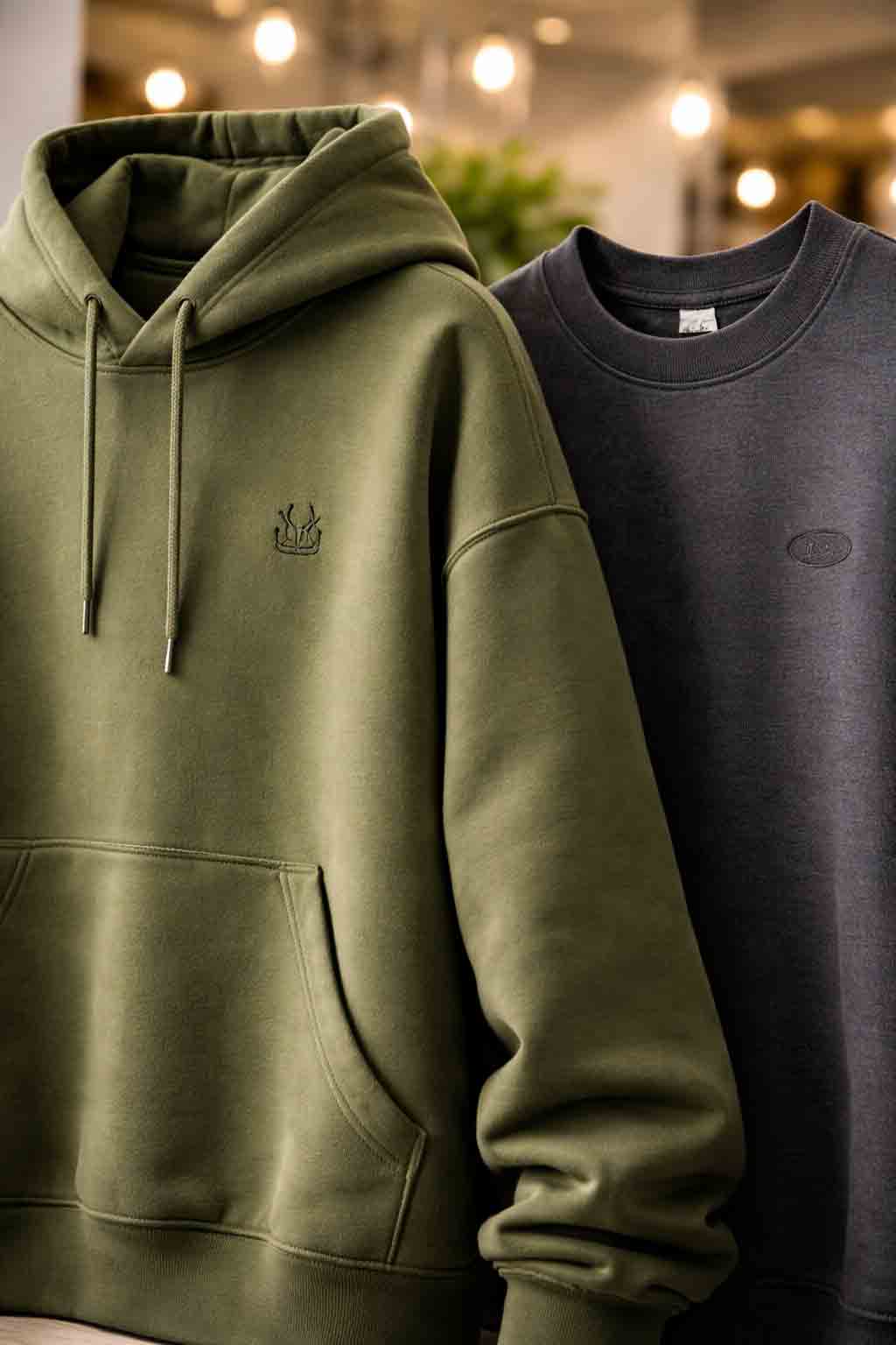 Close-up van oversized hoodie en heavyweight T-shirt met subtiel logo en premium stofstructuur