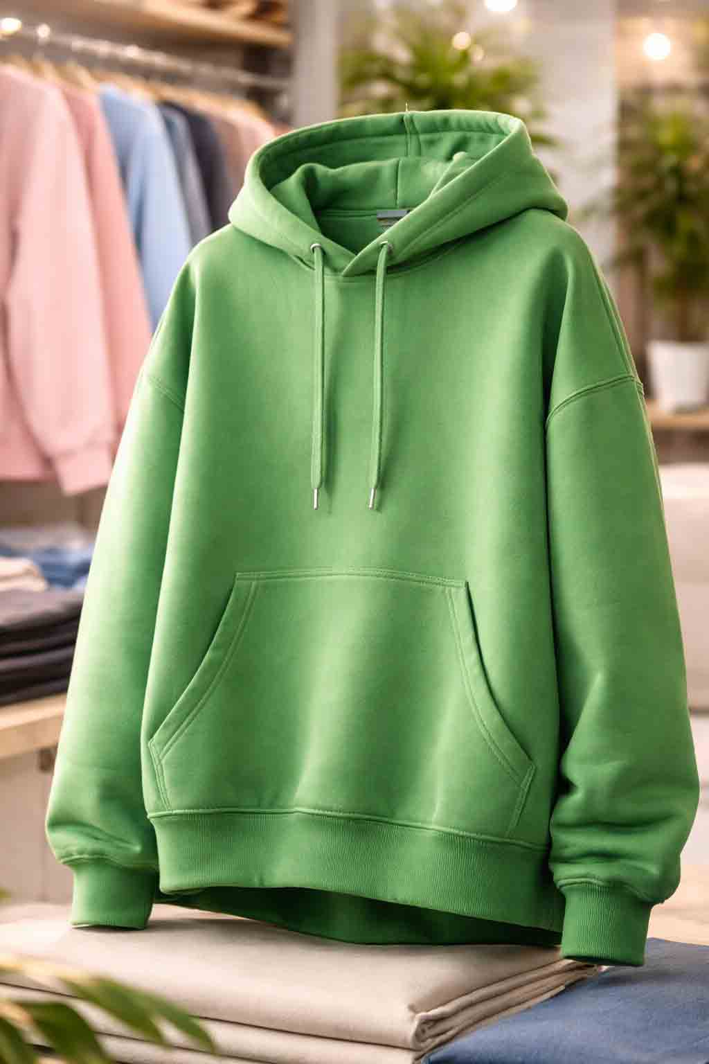 Close-up van oversized hoodie in opvallende groene kleur met focus op pasvorm en stofkwaliteit in showroom
