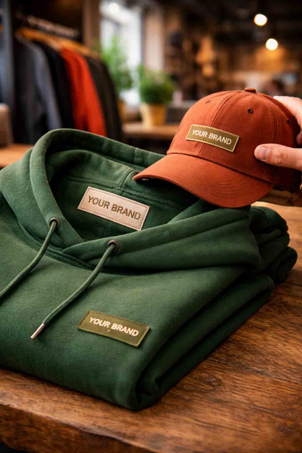 Streetwear hoodie en cap met YOUR BRAND labels in kleurrijke showroom setting op houten tafel