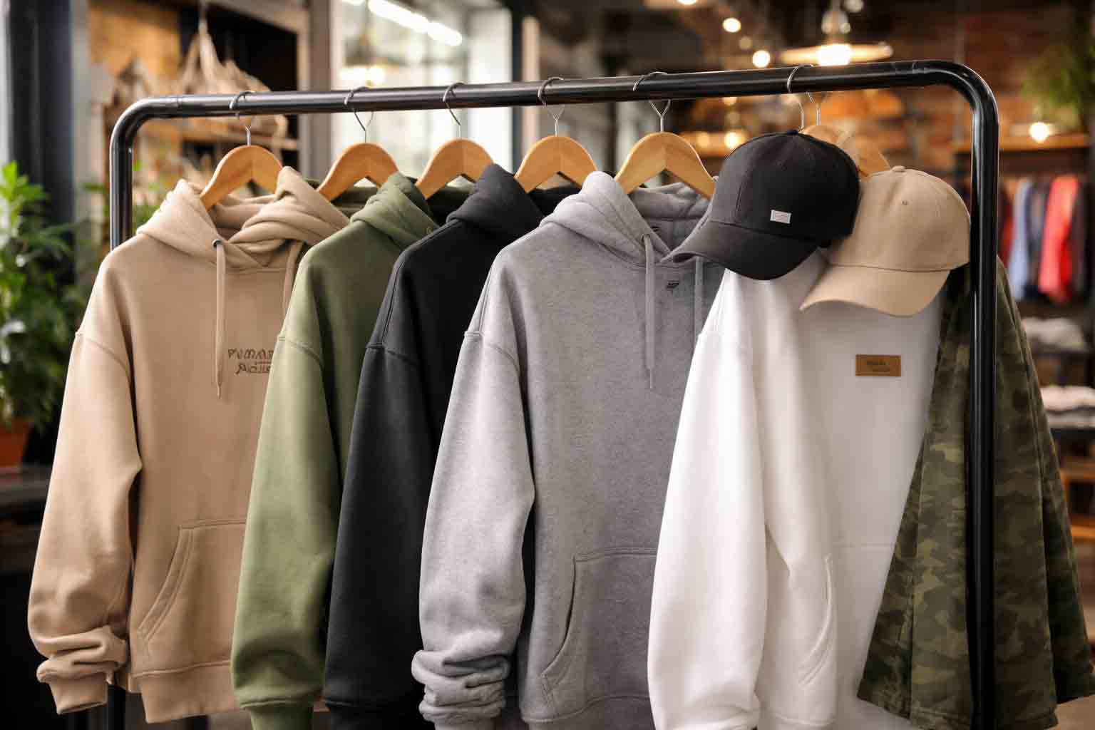 Verschil tussen private label en white label kleding in een showroom met hoodies, caps en merkloze basics