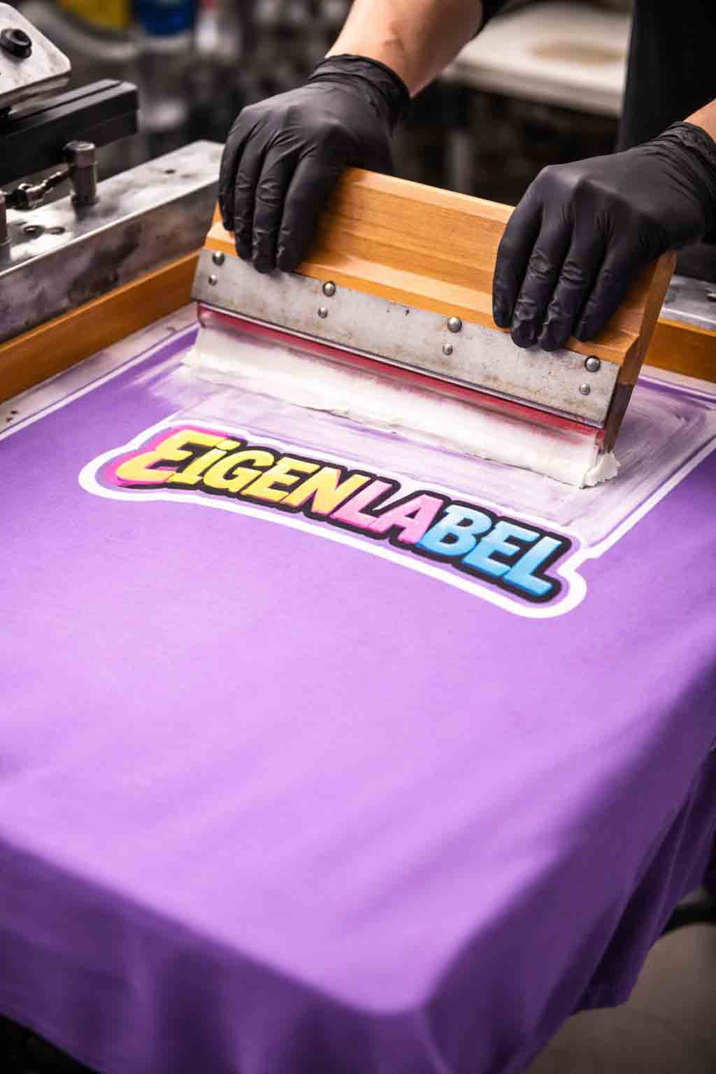 close-up van zeefdruk proces op paarse streetwear sweater met kleurrijke print en industriële uitstraling