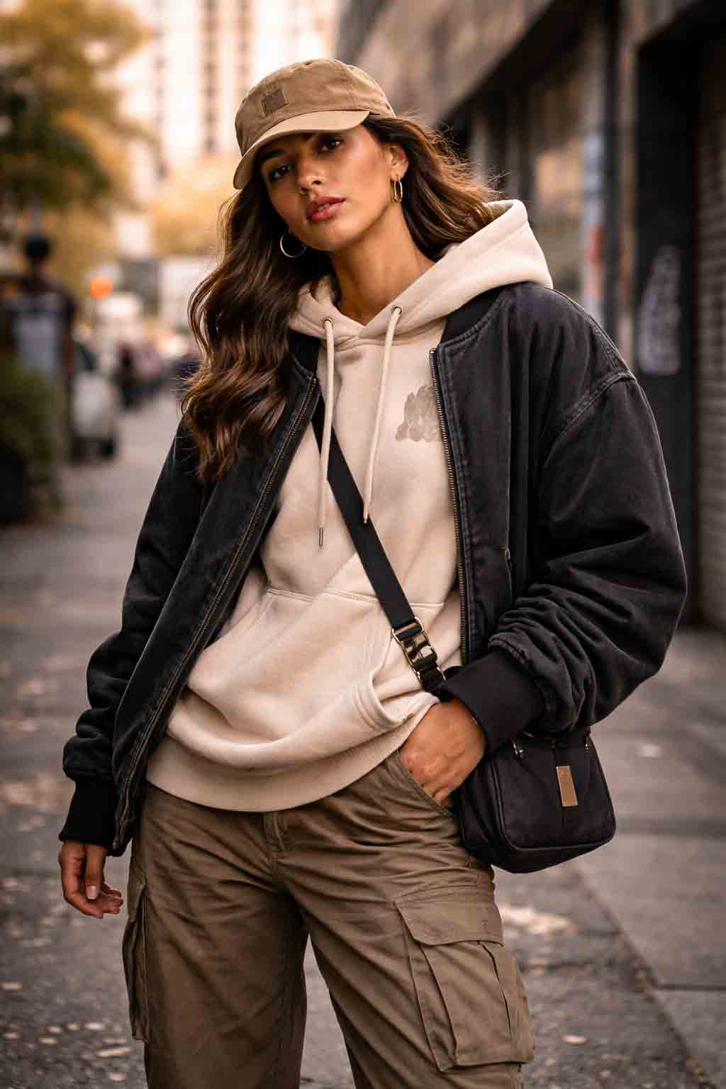 Streetwear outfit met hoodie en bomber jacket in stedelijke omgeving, focus op kledingkwaliteit en pasvorm