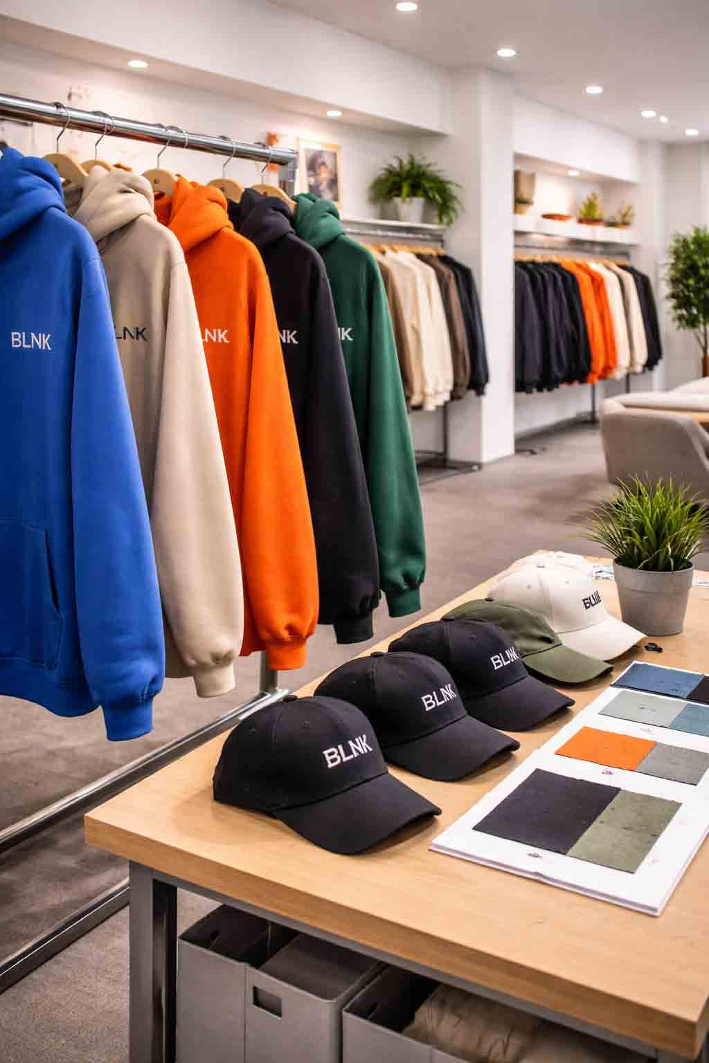 Close-up van kleurrijke streetwear hoodies met subtiele branding in moderne showroom setting
