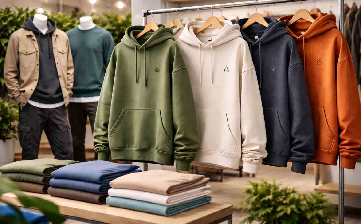 Close-up van oversized hoodie en heavyweight T-shirt met subtiel logo en premium stofstructuur in moderne showroom