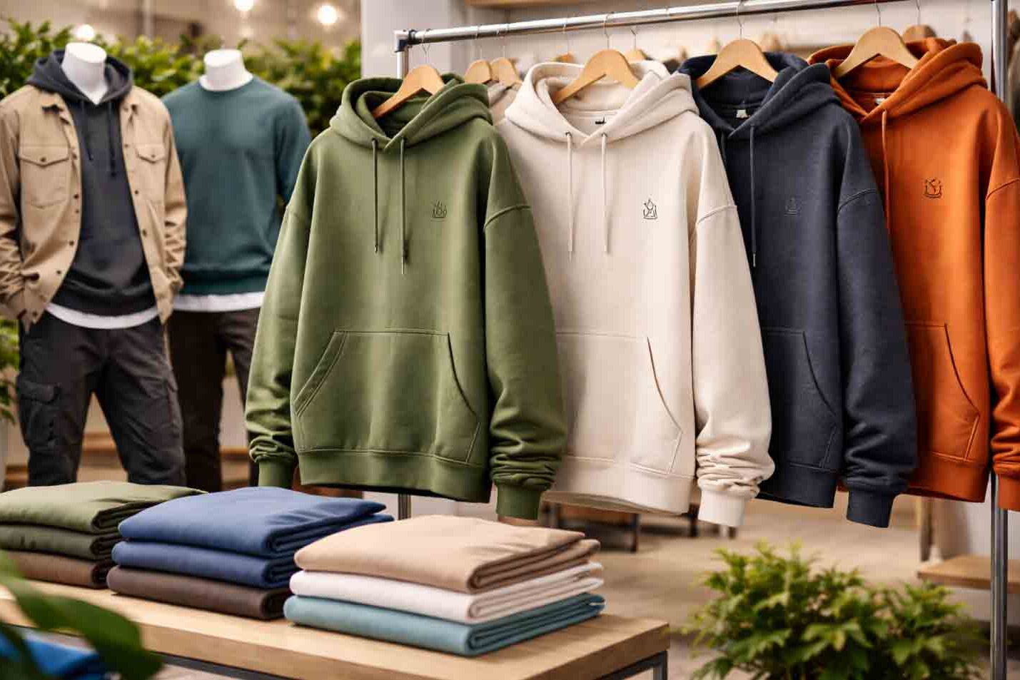 Trendy custom kleding in moderne showroom met stoere kleuren en premium streetwear uitstraling