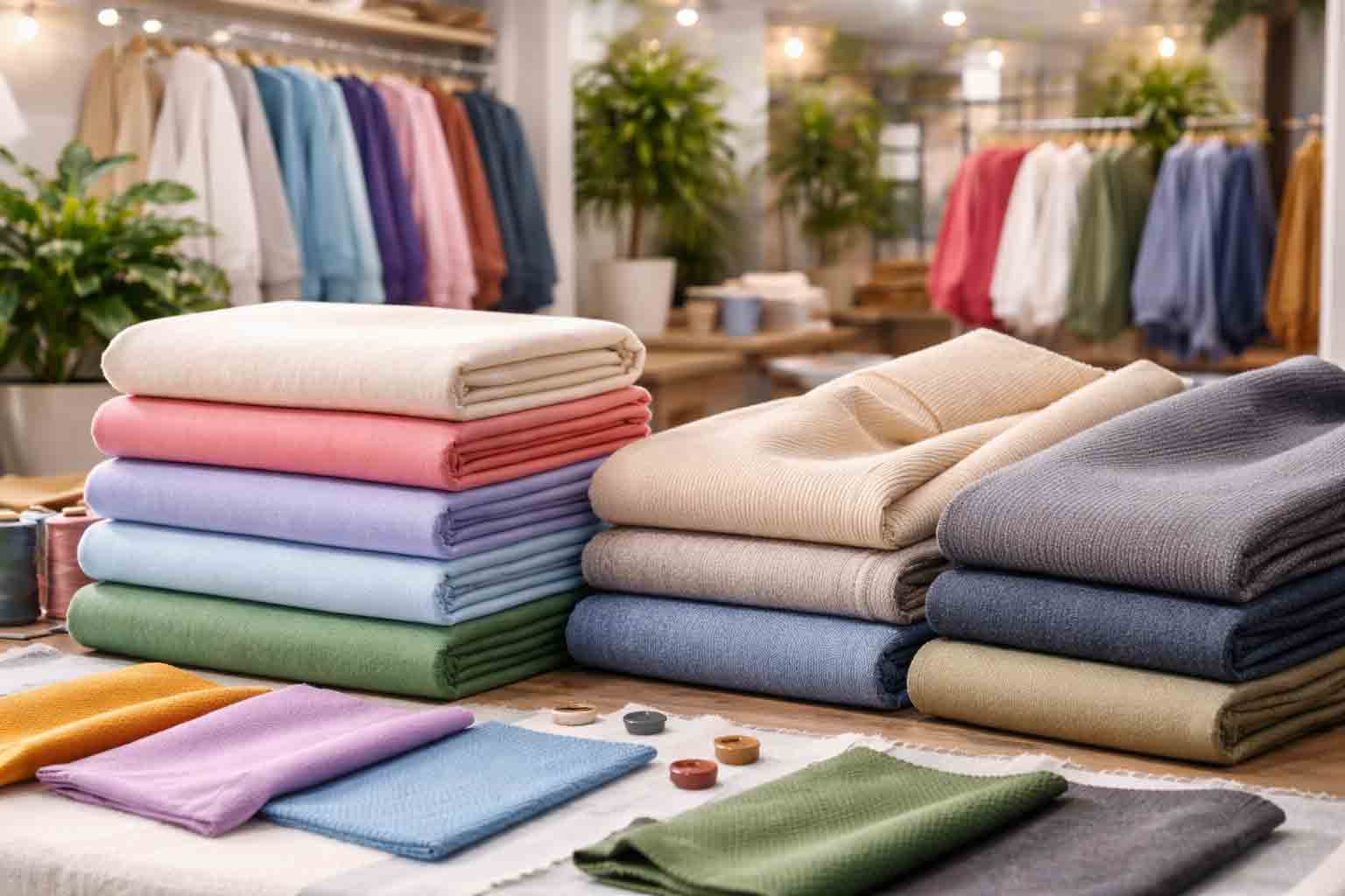 Kleurrijke stapels stoffen en textielmaterialen zoals katoen, fleece en rib