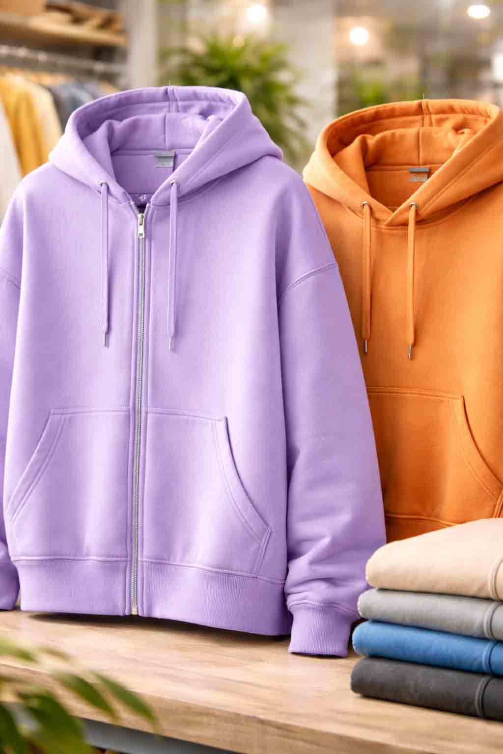 Close-up van twee hoodies in opvallende kleuren, een zip-up en een pullover, met focus op verschillen in model en afwerking