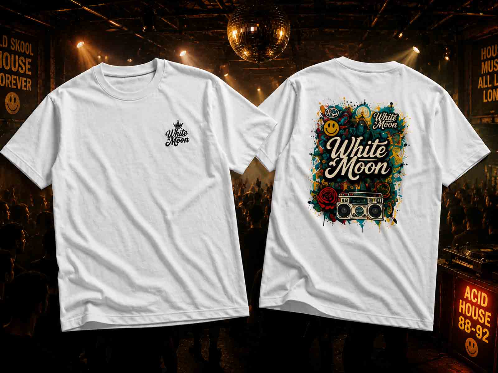 nachtboutiek t-shirt white moon smiley print acid house